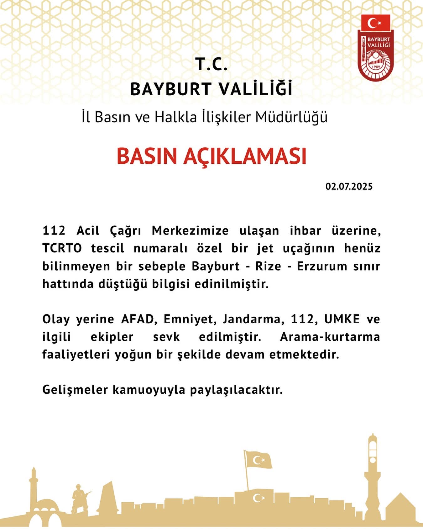 Bayburt Sınır Hattında Özel Jet Düştü: Arama-Kurtarma Çalışmaları Sürüyor