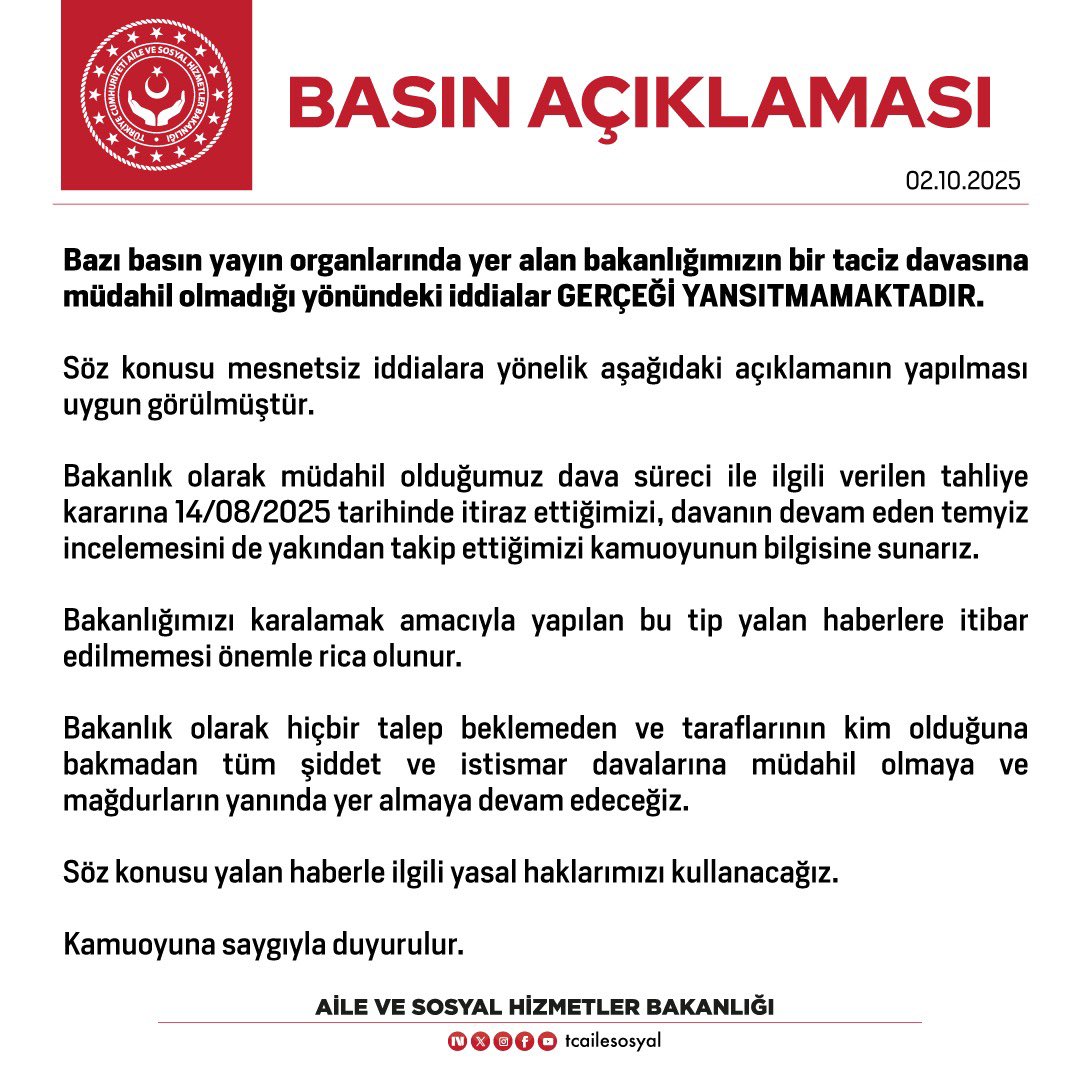 Aile ve Sosyal Hizmetler Bakanlığı’ndan Taciz Davası İddialarına Yalanlama