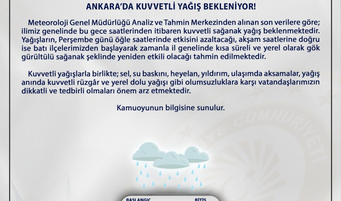 Ankara Valiliği’nden Kuvvetli Yağış Uyarısı: Sel ve Su Baskınlarına Dikkat! Ankara Valiliği, Meteoroloji Genel