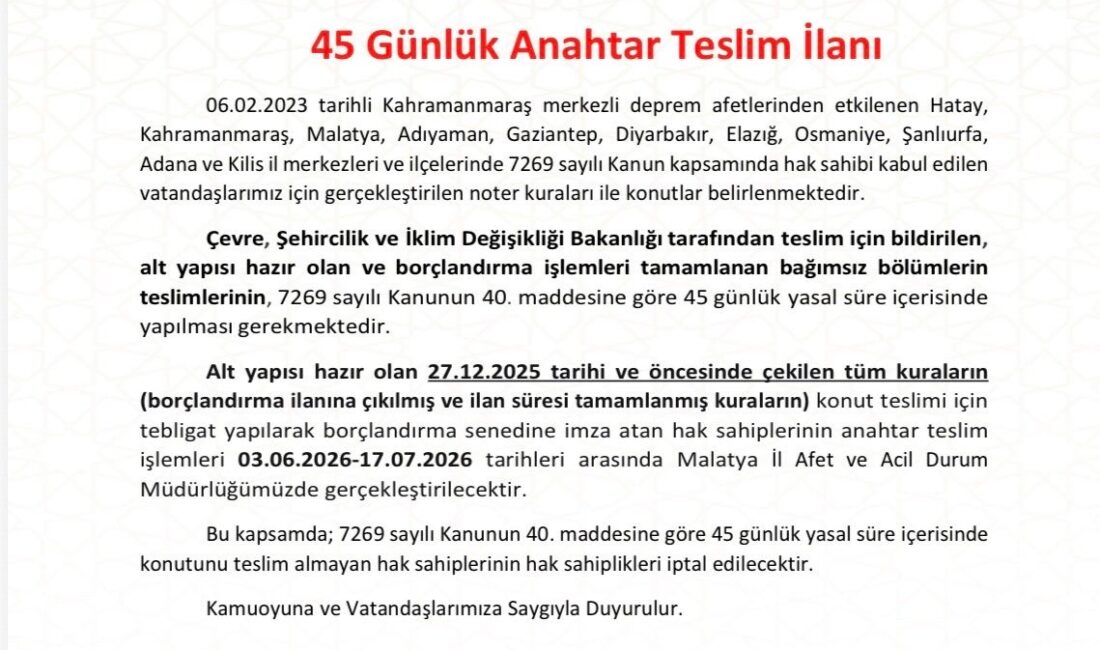 Malatya’da Deprem Konutları İçin 45 Günlük Anahtar Teslim Süreci Başlıyor MALATYA / TEKHA