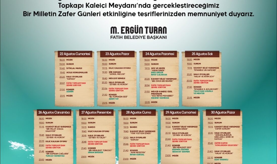 Fatih’te ‘Bir Milletin Zafer Günleri’ Etkinlikleri Başlıyor Fatih Belediyesi, 30 Ağustos