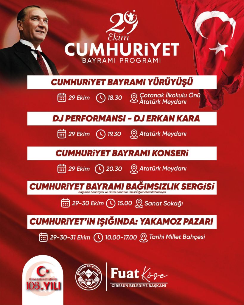 Giresun’da Cumhuriyet Bayramı Coşkusu: Yürüyüş ve Konser Programı Belli Oldu