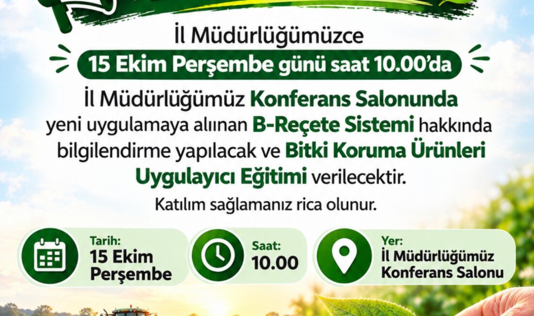 Yalova İl Tarım Ve Orman Müdürlüğü’nden B-Reçete Ve Uygulayıcı Eğitimi Duyurusu Yalova İl Tarım ve