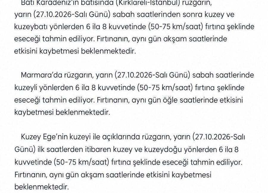 Kırklareli Valiliğinden Denizler İçin Kritik Fırtına Uyarısı Meteoroloji Genel Müdürlüğü verilerine